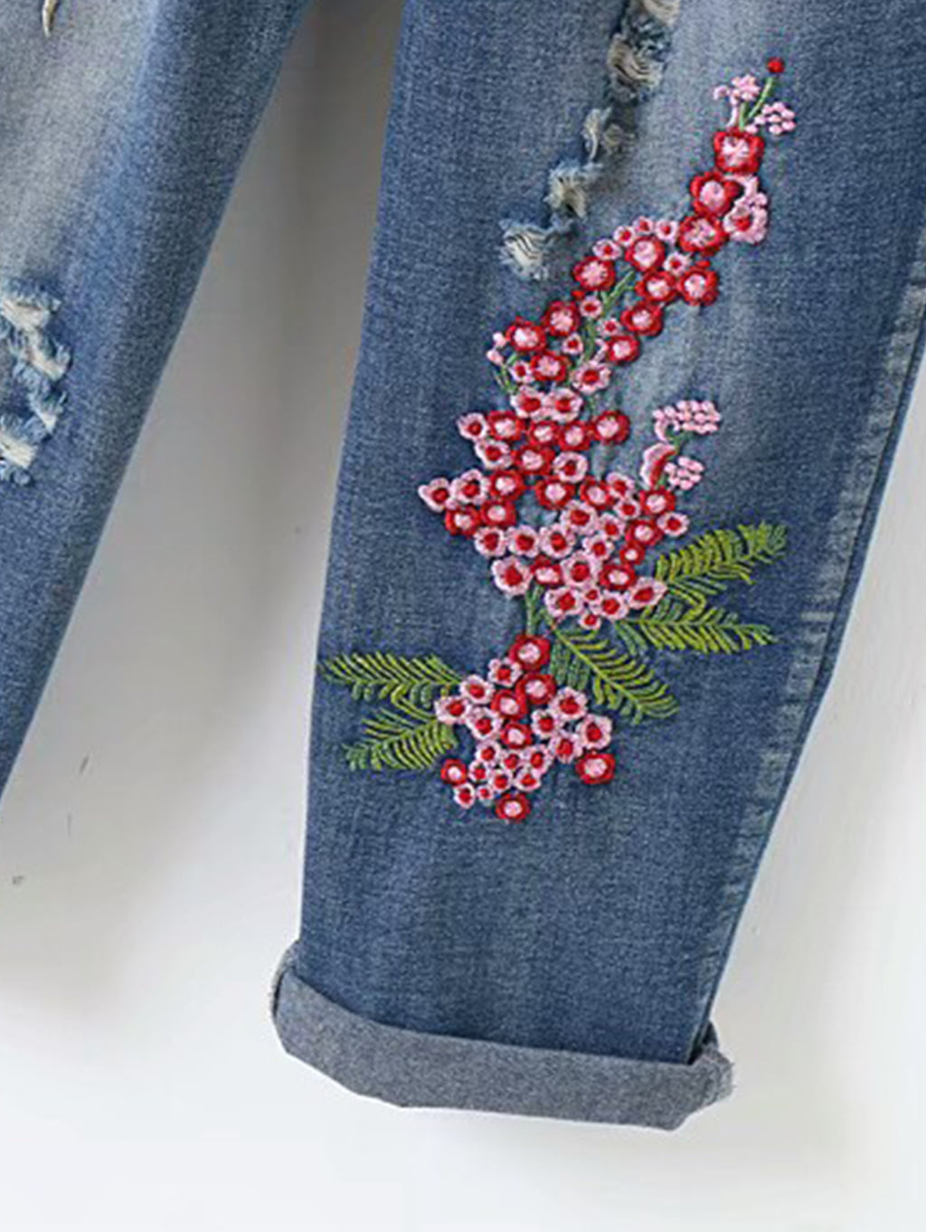 Denim Floral Embroidery Drawstring Pocket Ripped Jeans