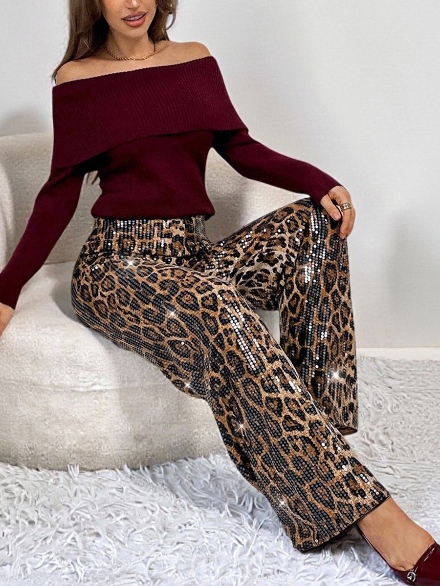 Party Metallic Brown Leopard Sequin Elegant Sequin Pants