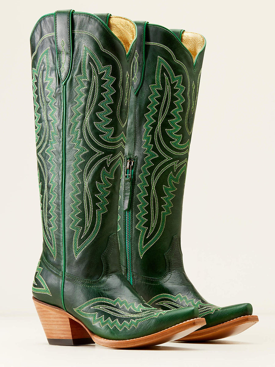 Western Yellow Brown PU Leather Leaf Stitched Patterns Pointed Toe Chunky Heel Boots