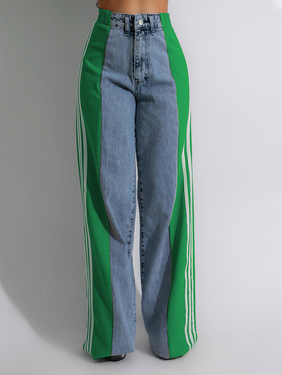 Fashion Stripe Patchwork High Rise Straight Leg Denim Jeans