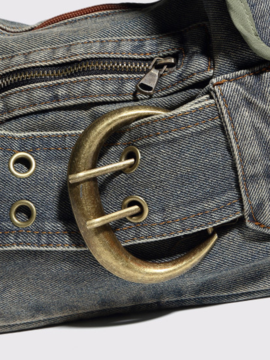 Fashion Distressed Denim Buckle Belt Decor Hobo Bag