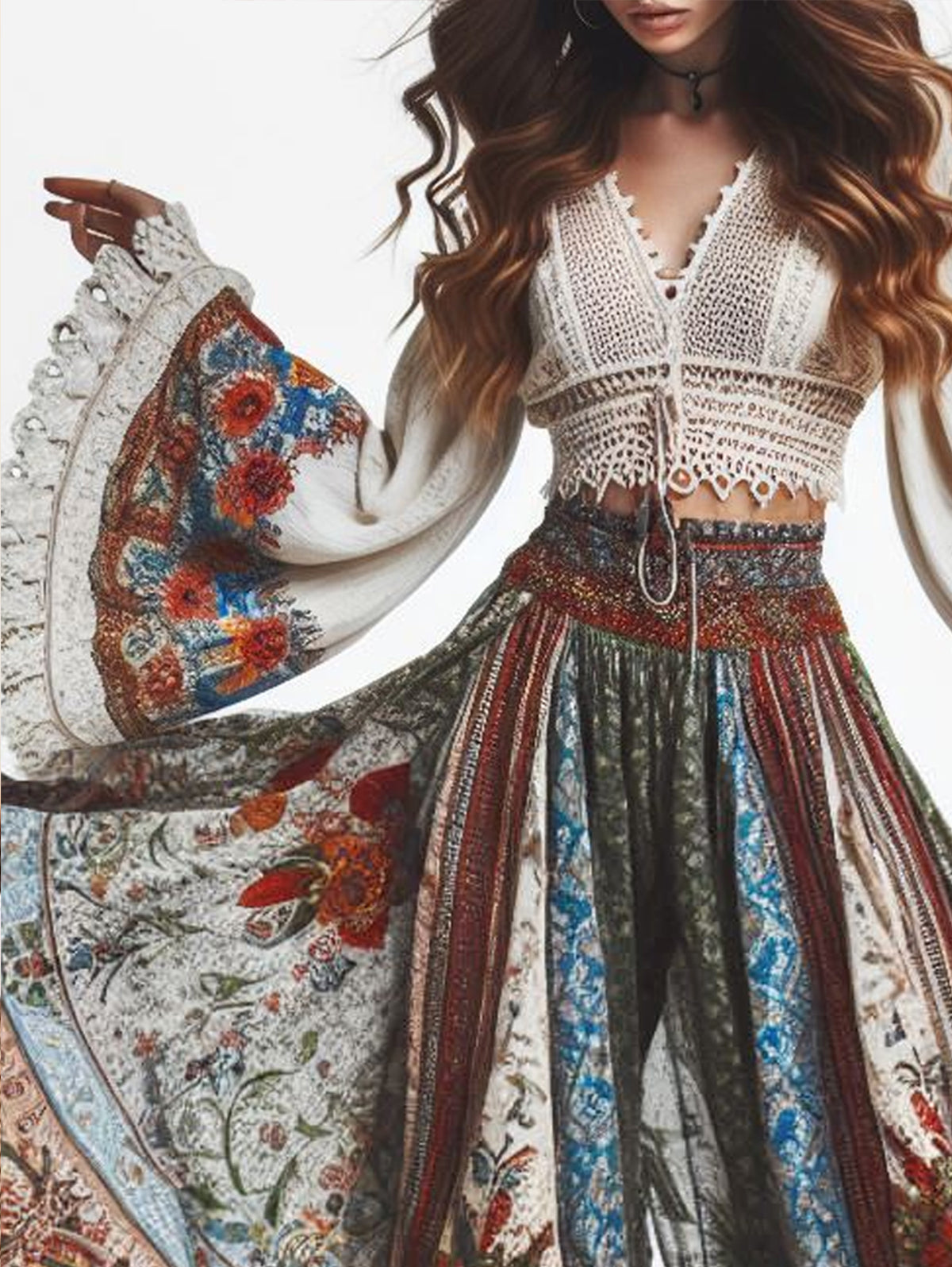 Boho Floral Pattern Cropped V Neck Flare Sleeve Blouse