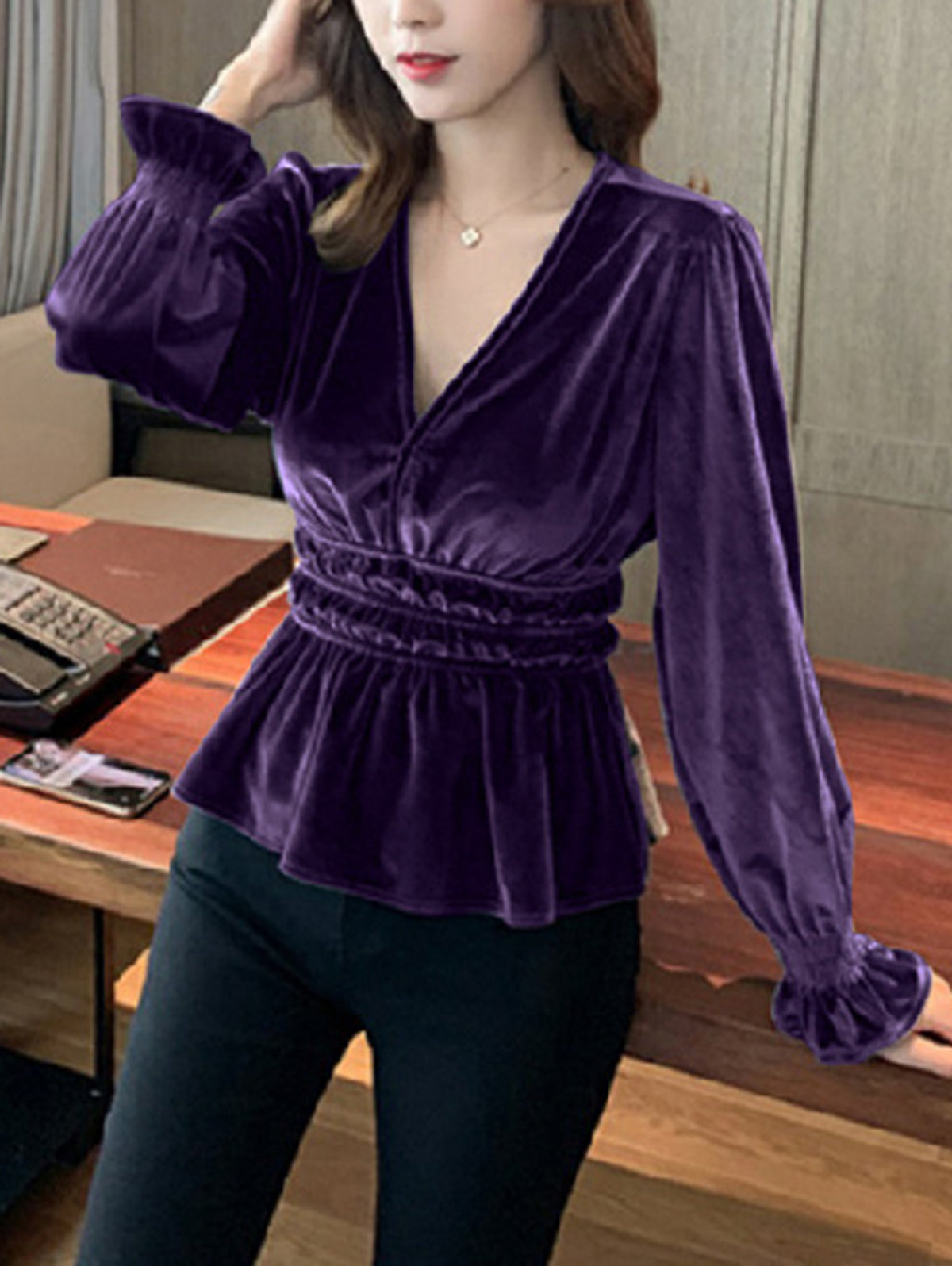 Elegant V Neck Long Sleeve Ruffle Peplum Velvet Blouse