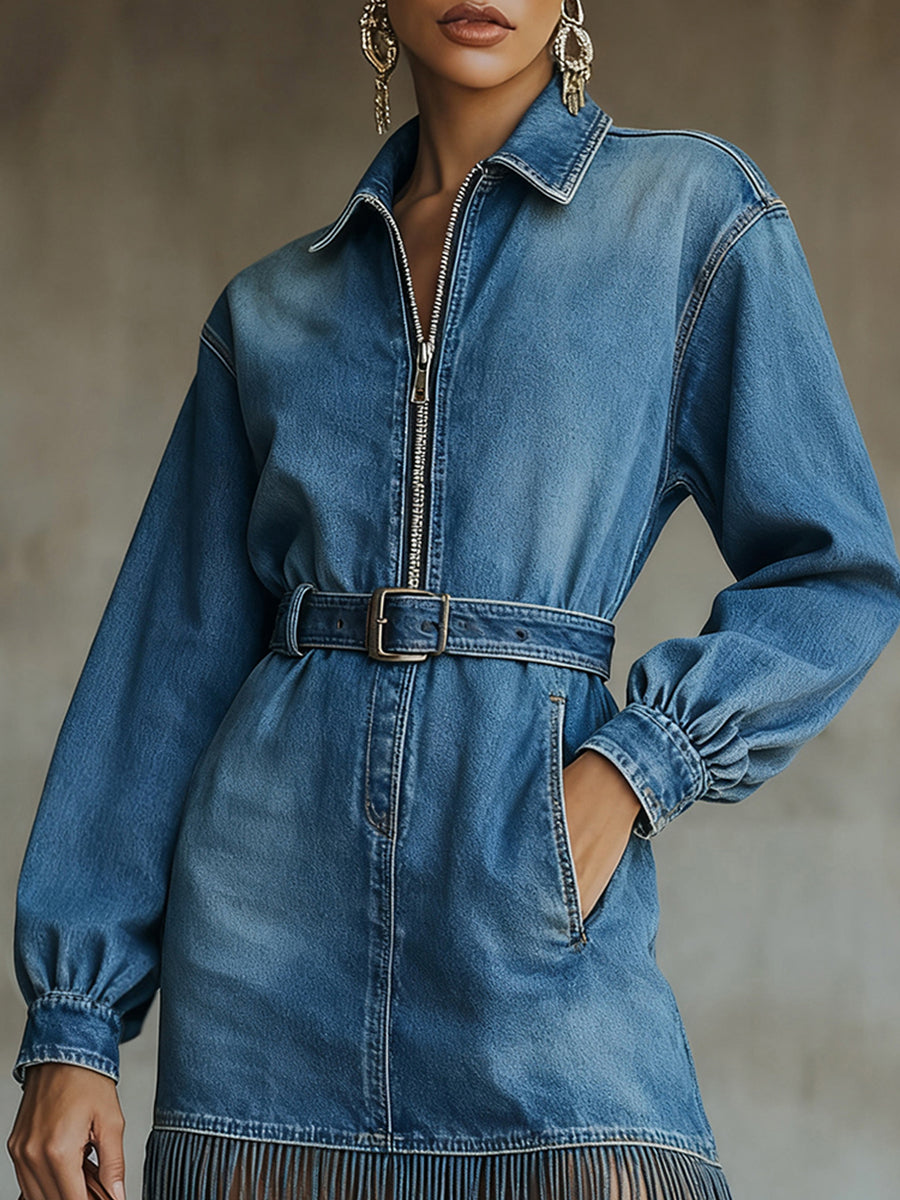 Ursiime Daily Blue Shirt Collar Long Sleeve Strappy Casual Pocket Denim Mini Dresses