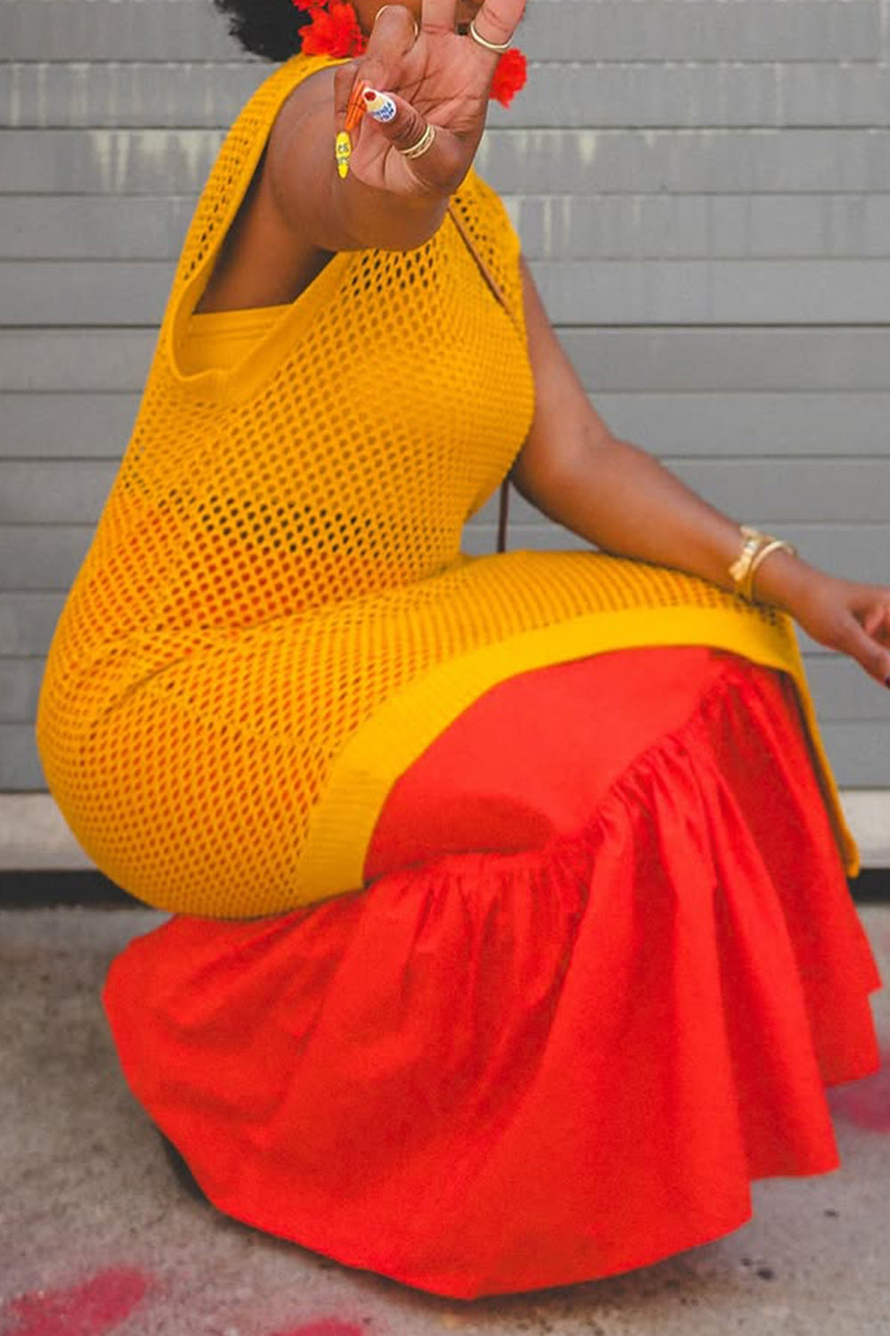 Ursiime Design Daily Yellow Round Neck Asymmetric Hem Casual Cut Out Tops [Pre-Order]