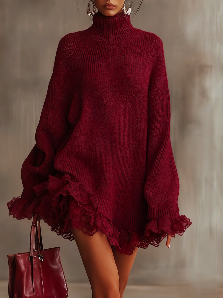 Ursiime Party Lace Burgundy High Collar Long Sleeve Ruffle Vintage Contrast Knitted Mini Dresses [Pre-Order]