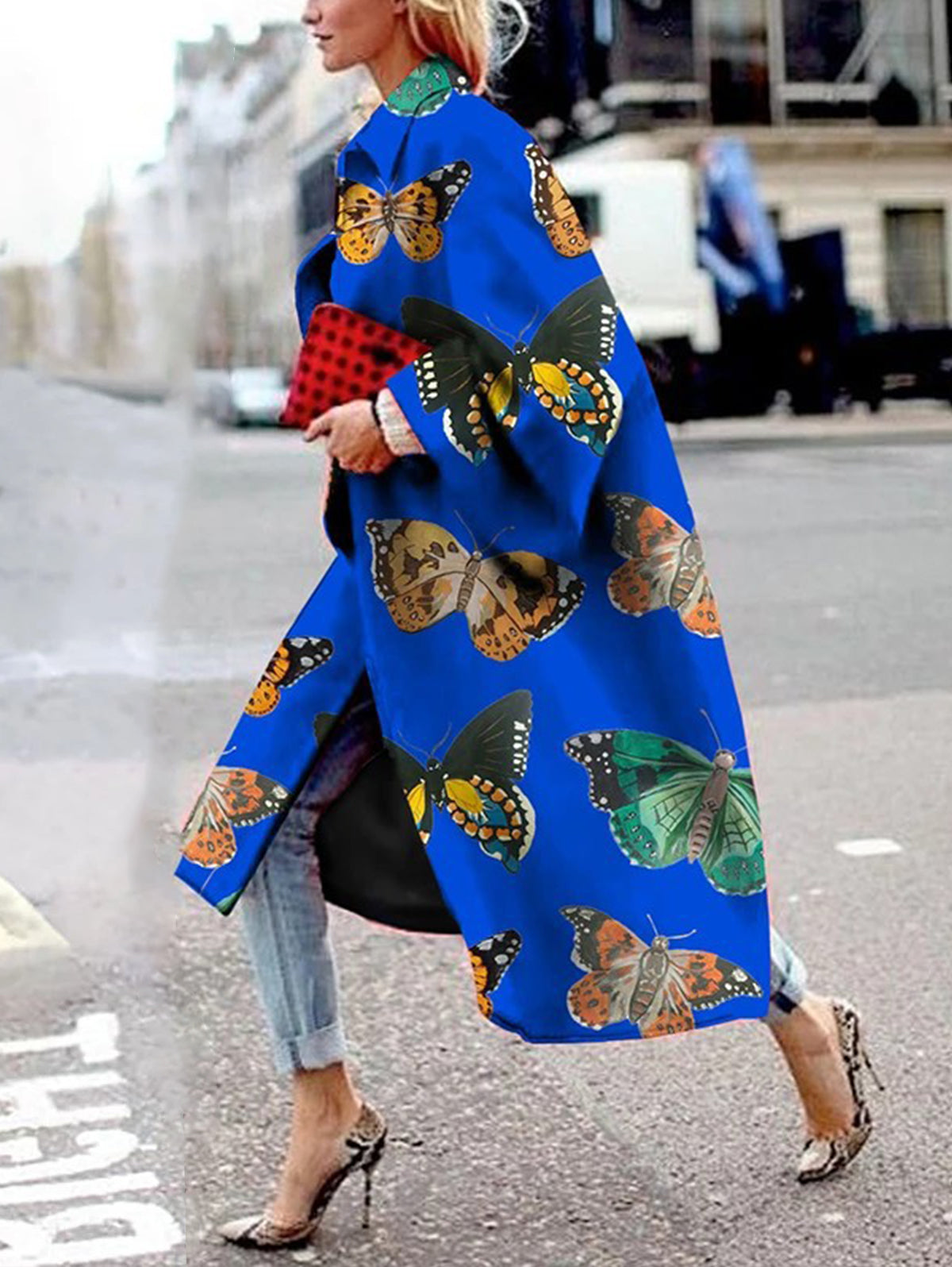 Casual Turndown Collar Flare Sleeve Graphic Patchwork Trench Coat