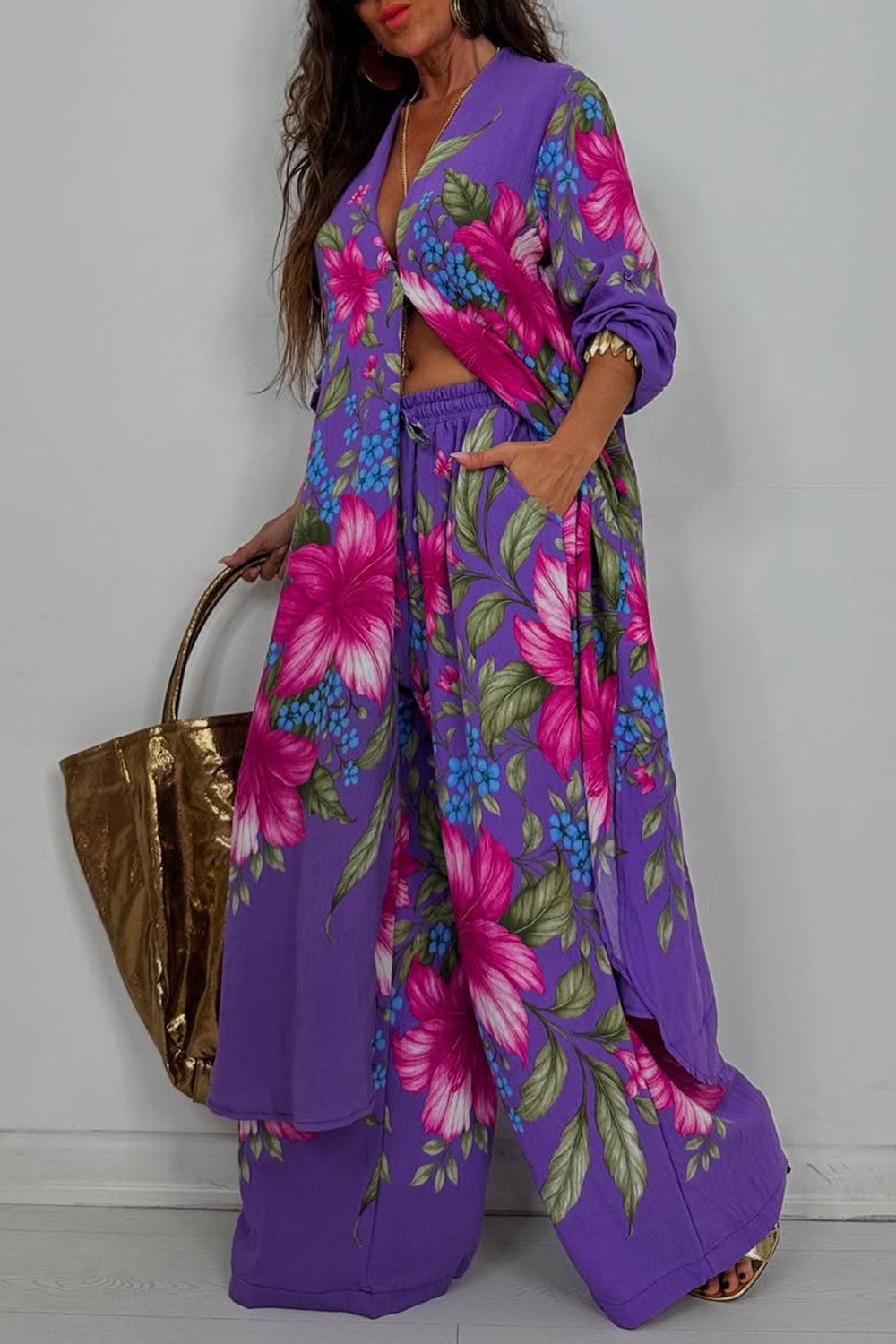 Ursiime Design Business Casual White Tropical Print Long Sleeve Pocket Casual Wide Leg Two Piece Pant Sets [Pre-Order]