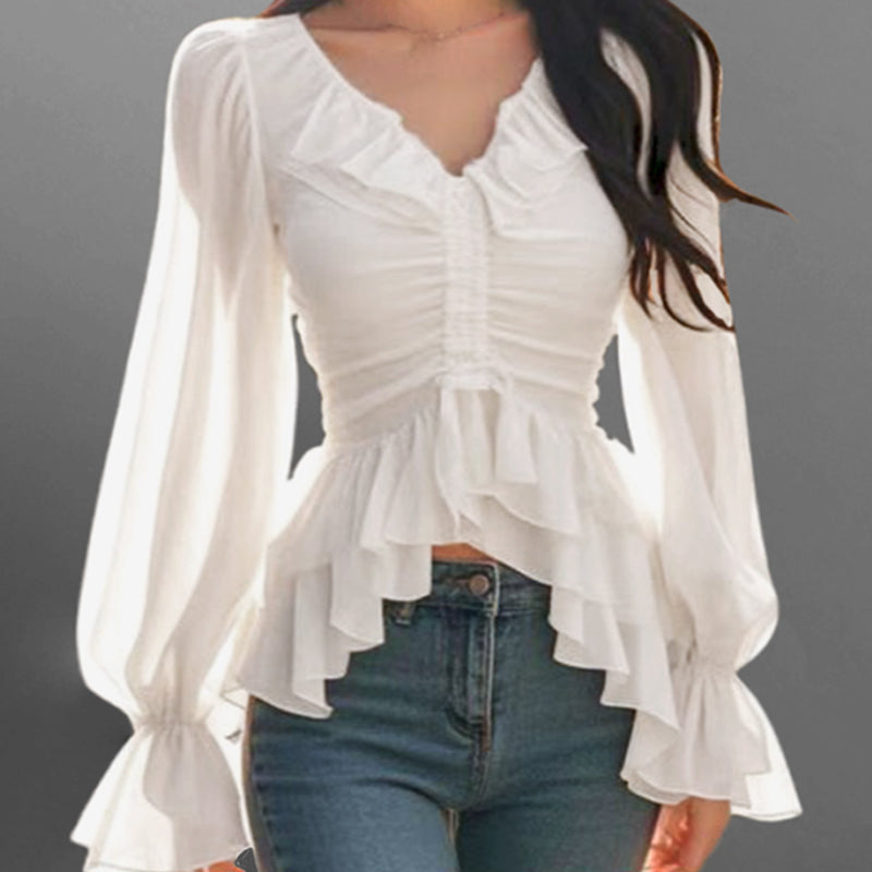 Elegant Ruffle V Neck Lantern Sleeve Layered Blouse