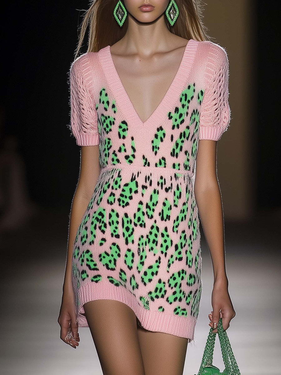 Fashion Contrast Green V Neck Leopard Print Fringe Knit Mini Dress