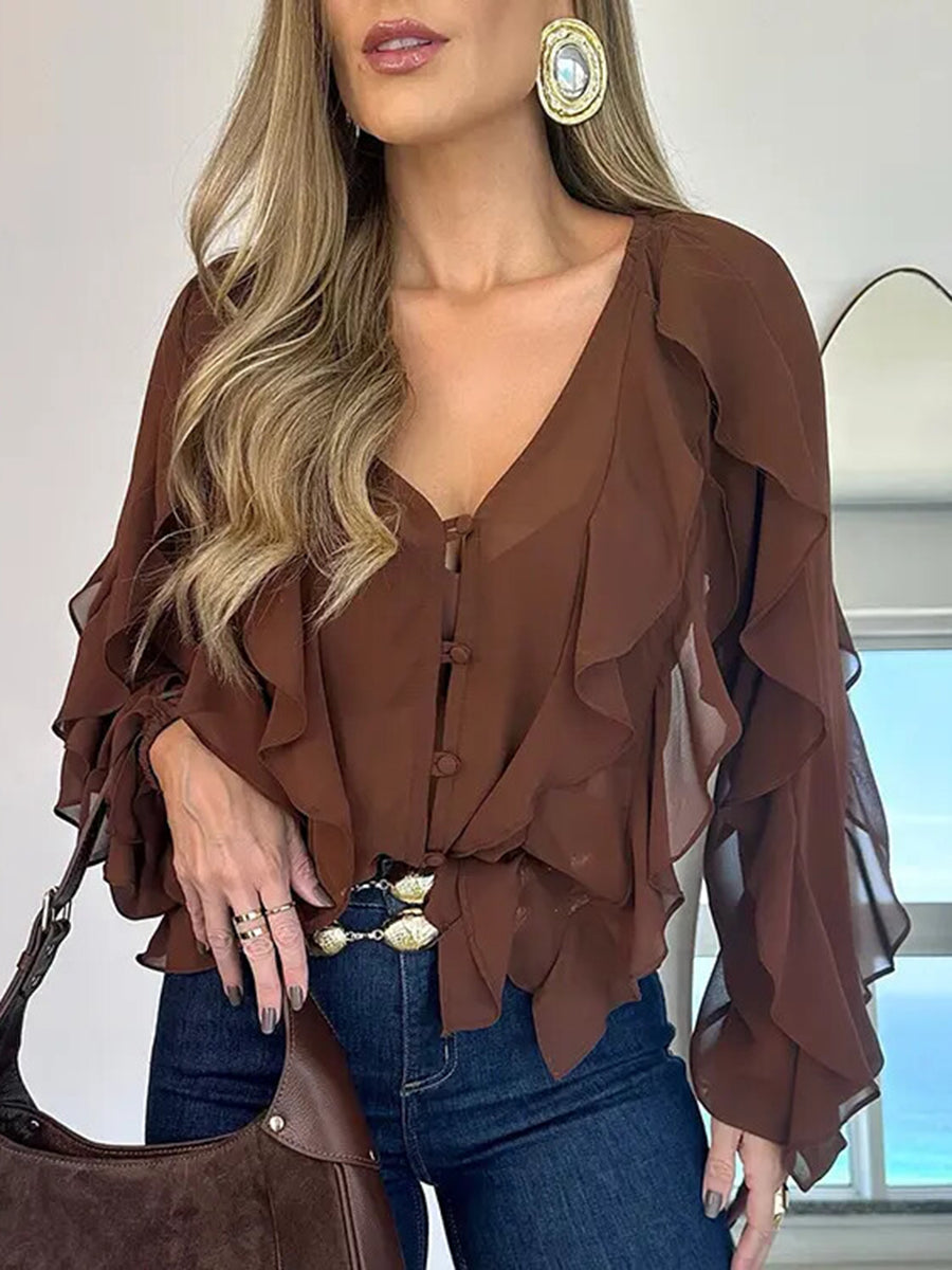 Daily Brown V Neck Long Sleeve Ruffle Casual Chiffon Blouses