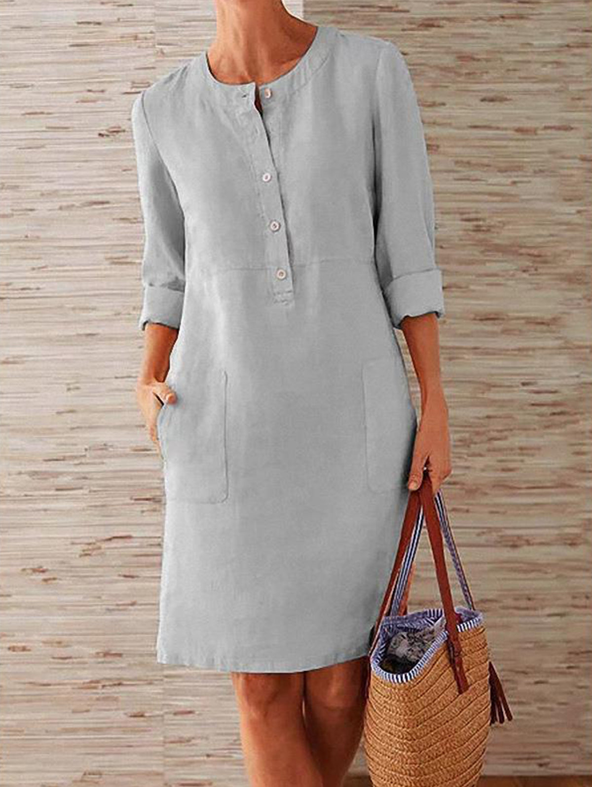 Daily Solid Half Button Long Sleeve Pocket Midi Dress