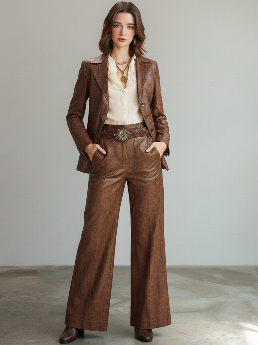 Ursiime Business Casual Brown Turndown Collar Long Sleeve Pocket Western PU Leather Two Piece Pant Suits [Pre-Order]