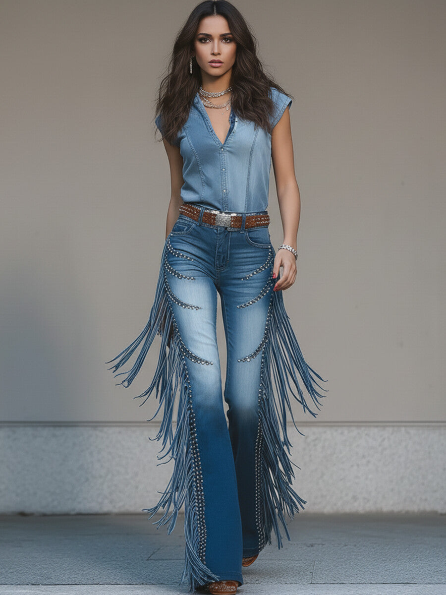 Ursiime Daily Light Blue Strappy Casual Pocket Studded Denim Jeans [Pre-Order]