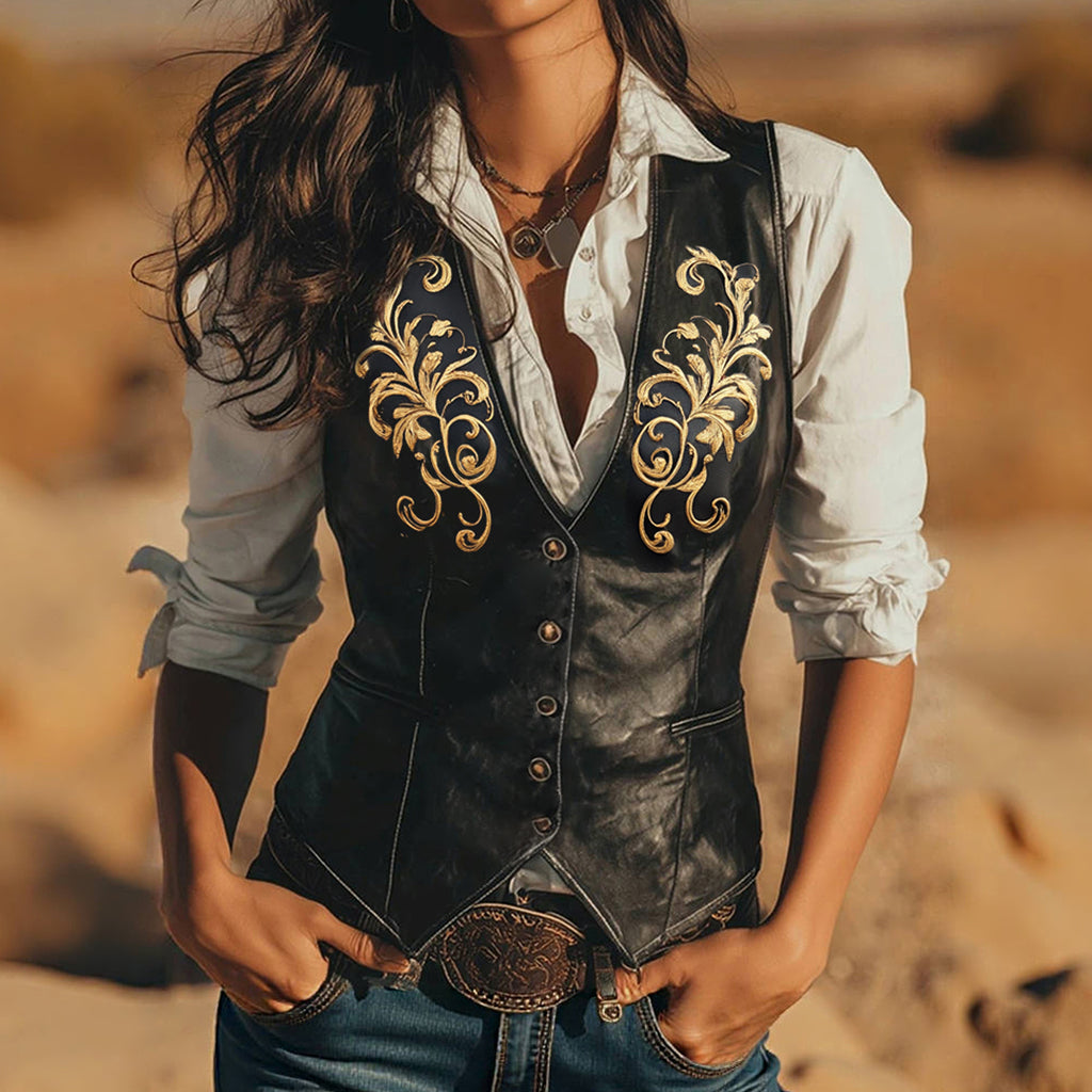 Ursiime Western PU Leather Gold Floral Pattern Single Breasted Vest