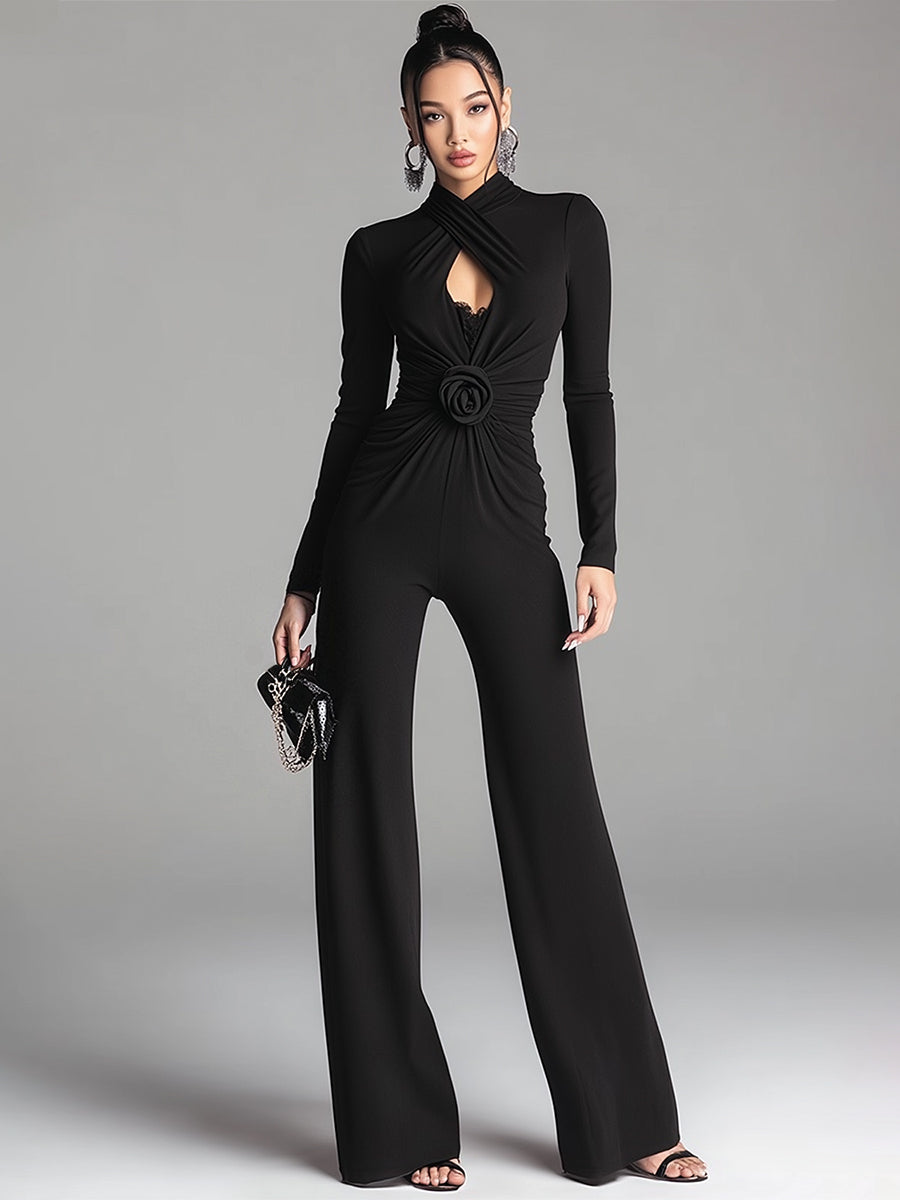 Ursiime Formal Black Wrap Neck Long Sleeve 3D Casual Cut Out Jumpsuits