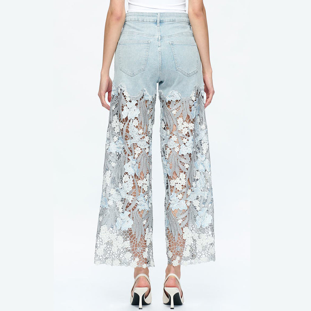 Casual Floral Lace Patchwork Hollow Out Straight Denim Jeans
