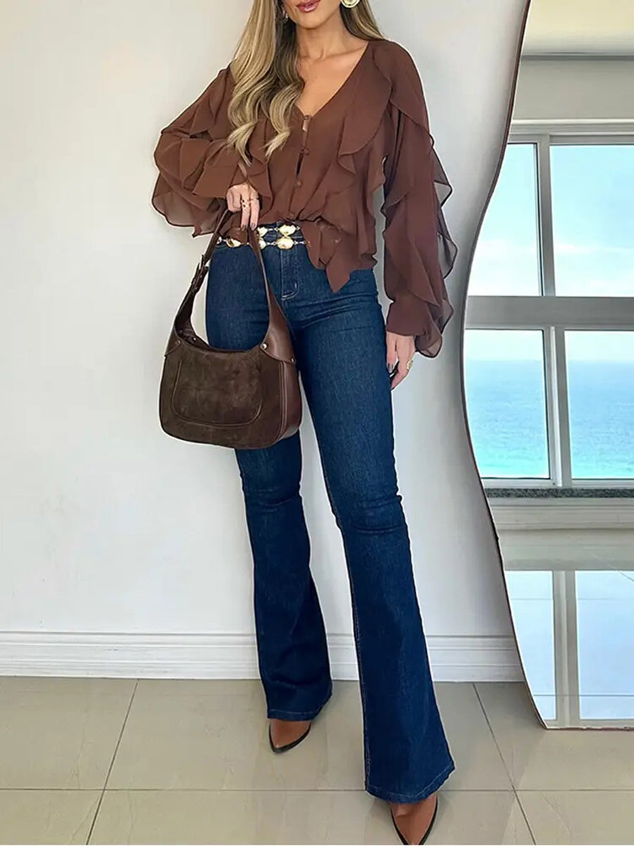 Daily Brown V Neck Long Sleeve Ruffle Casual Chiffon Blouses