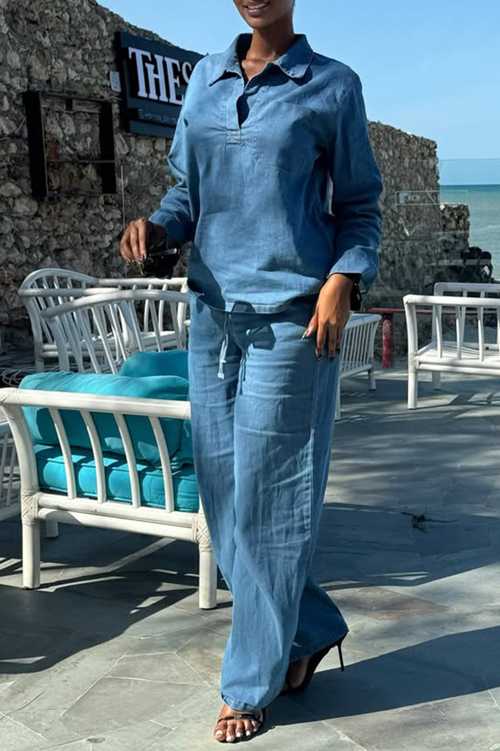 Ursiime Design Business Casual Blue Shirt Collar Long Sleeve Pocket Casual Tencel Denim Two Piece Pant Sets [Pre-Order]