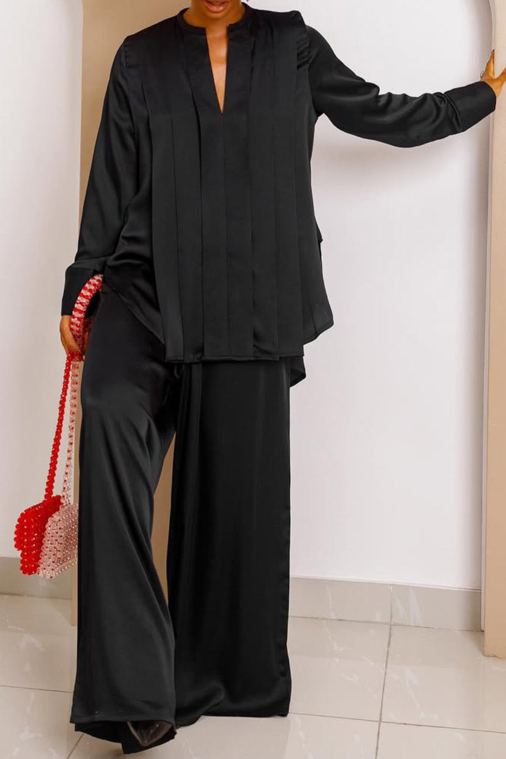 Ursiime Design Business Casual Black Stand-Up Collar Long Sleeve Pleated Elegant Pocket Two Piece Pant Sets [Pre-Order]