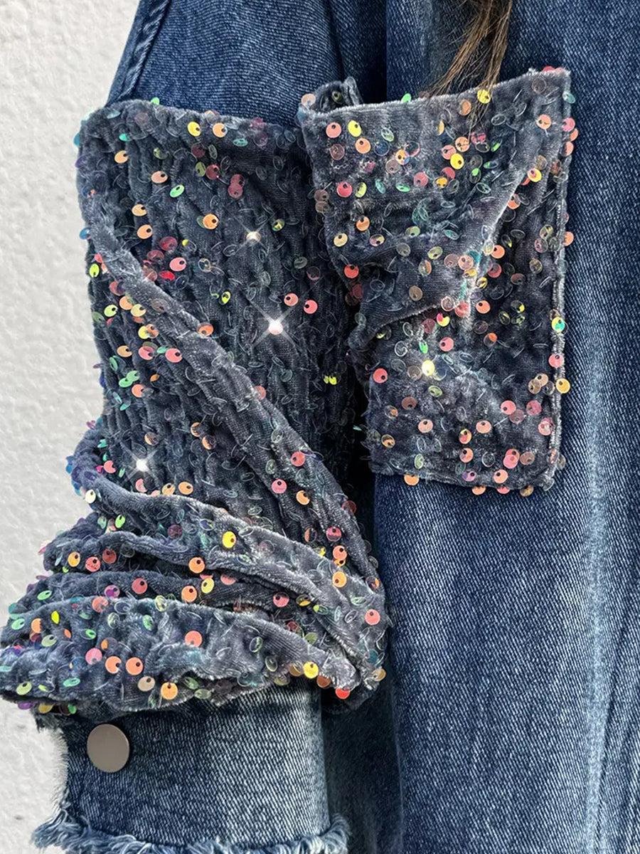 Fashion Blue Washed Denim Sequin Patch Pockets Long Sleeve Raw Edge Jacket