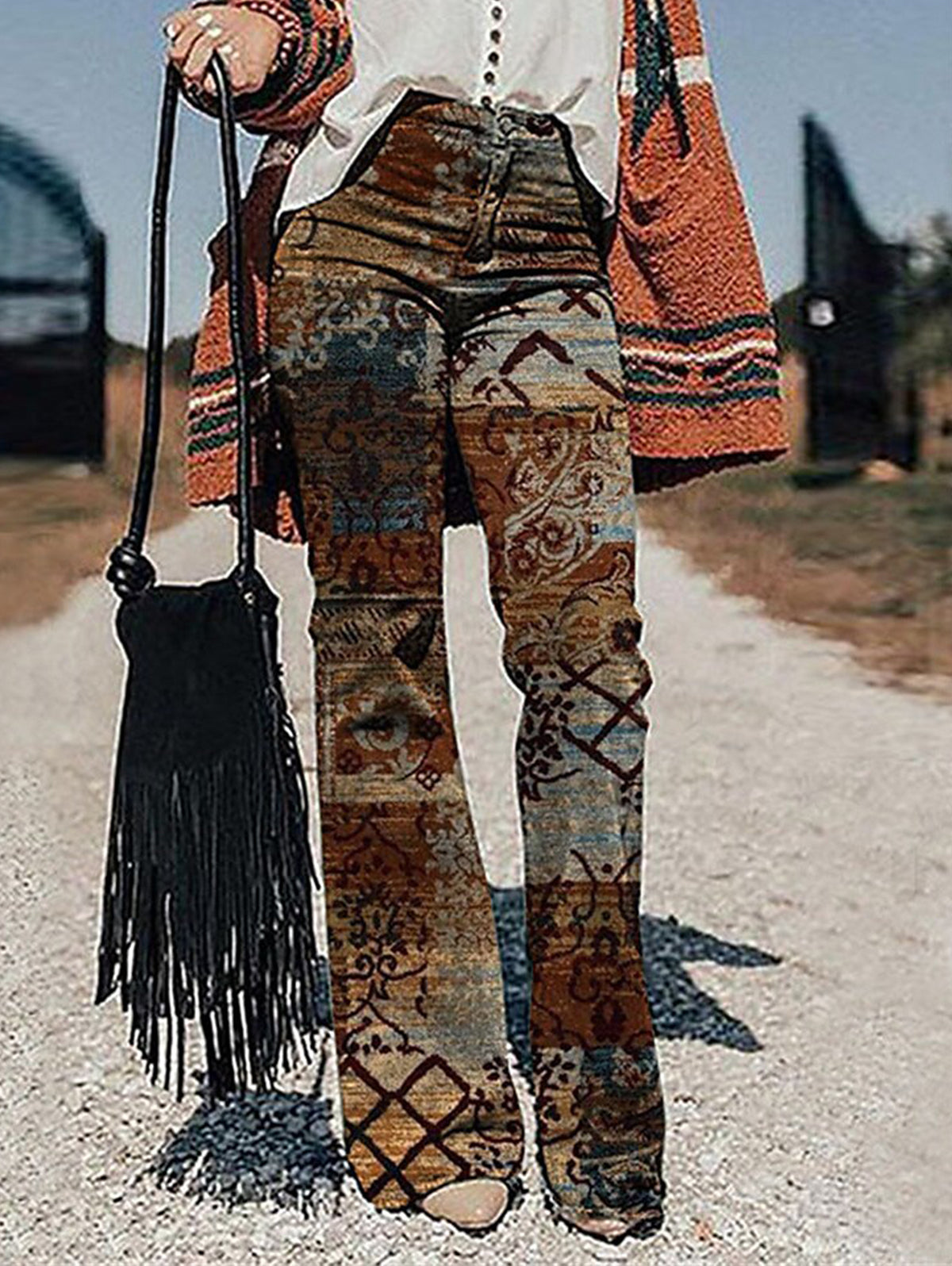 Vintage Allover Pattern High Waist Slant Pocket Flare Leg Pants