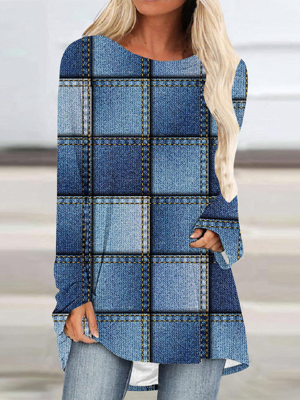 Crew Neck Long Sleeve Denim Pattern Mid-length Blouse
