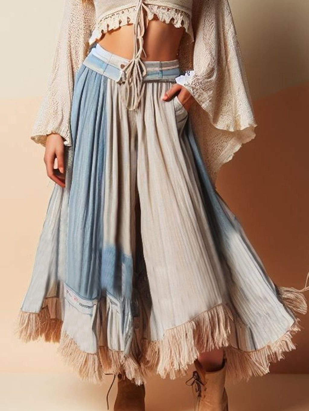 Casual Color Block Layered Fringe Pocket Wide Leg Pants