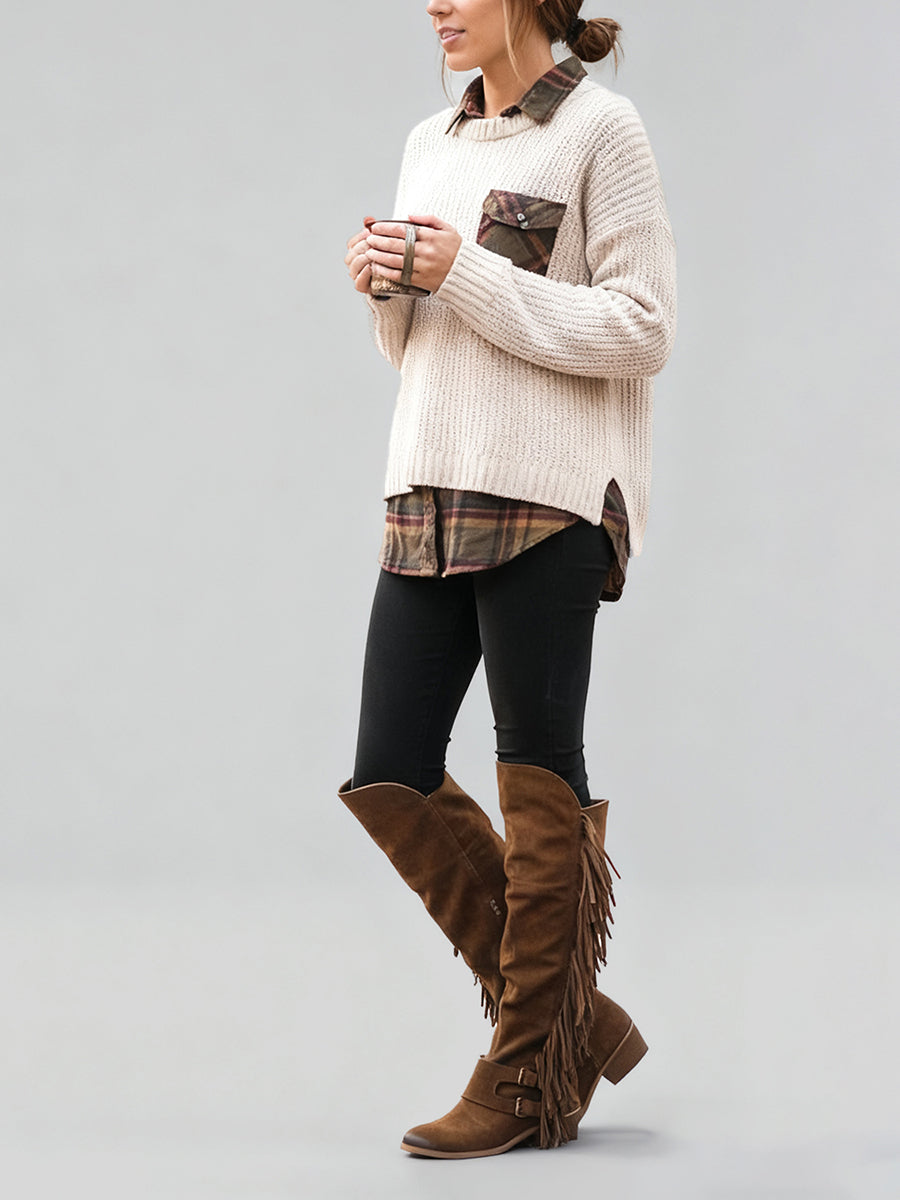 Western Brown Suede Double Buckle Straps Fringe Over-The-Knee Boots