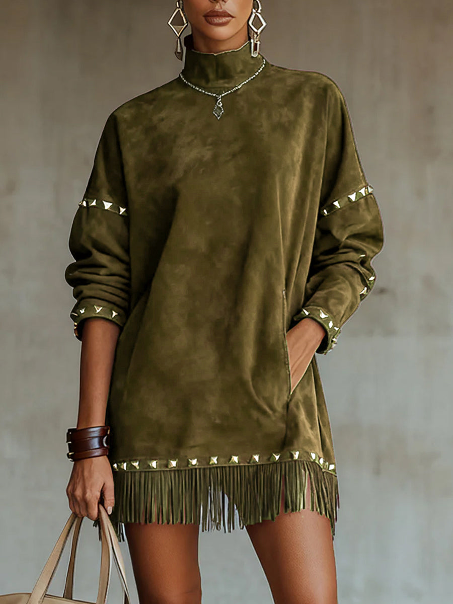 Ursiime Festival Burgundy High Collar Long Sleeve Studded Western Pocket Chamois Mini Dresses