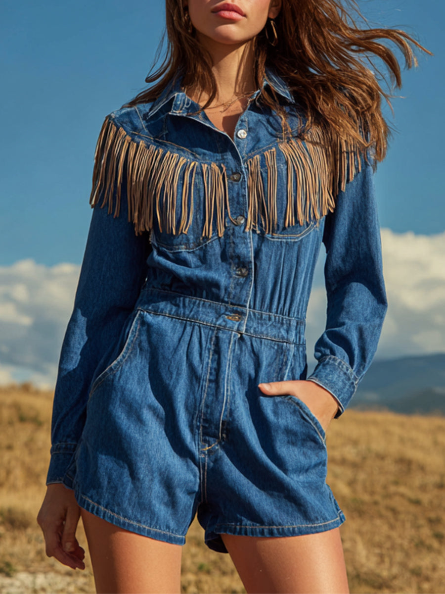 Ursiime Festival Blue Shirt Collar Long Sleeve Strappy Western Pocket Denim Rompers [Pre-Order]