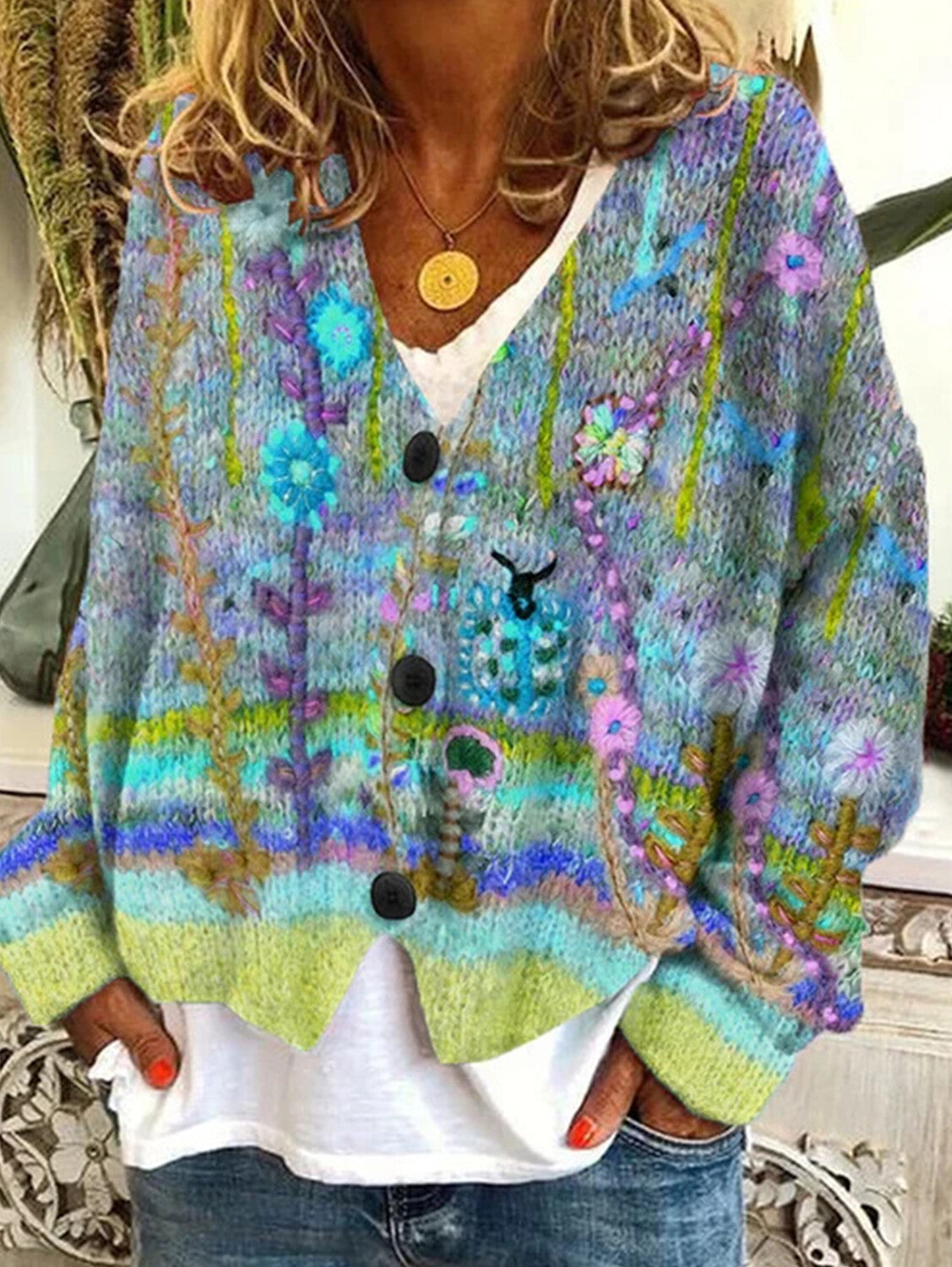 Casual Floral Pattern Three Button Knit Sweater Cardigan