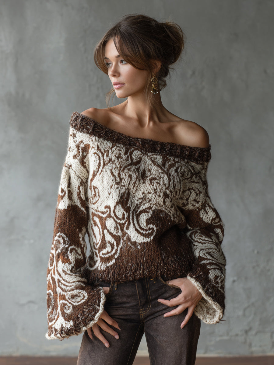 Ursiime Daily Brown Paisley Off The Shoulder Flare Long Sleeve Jacquard Casual Crochet Sweaters