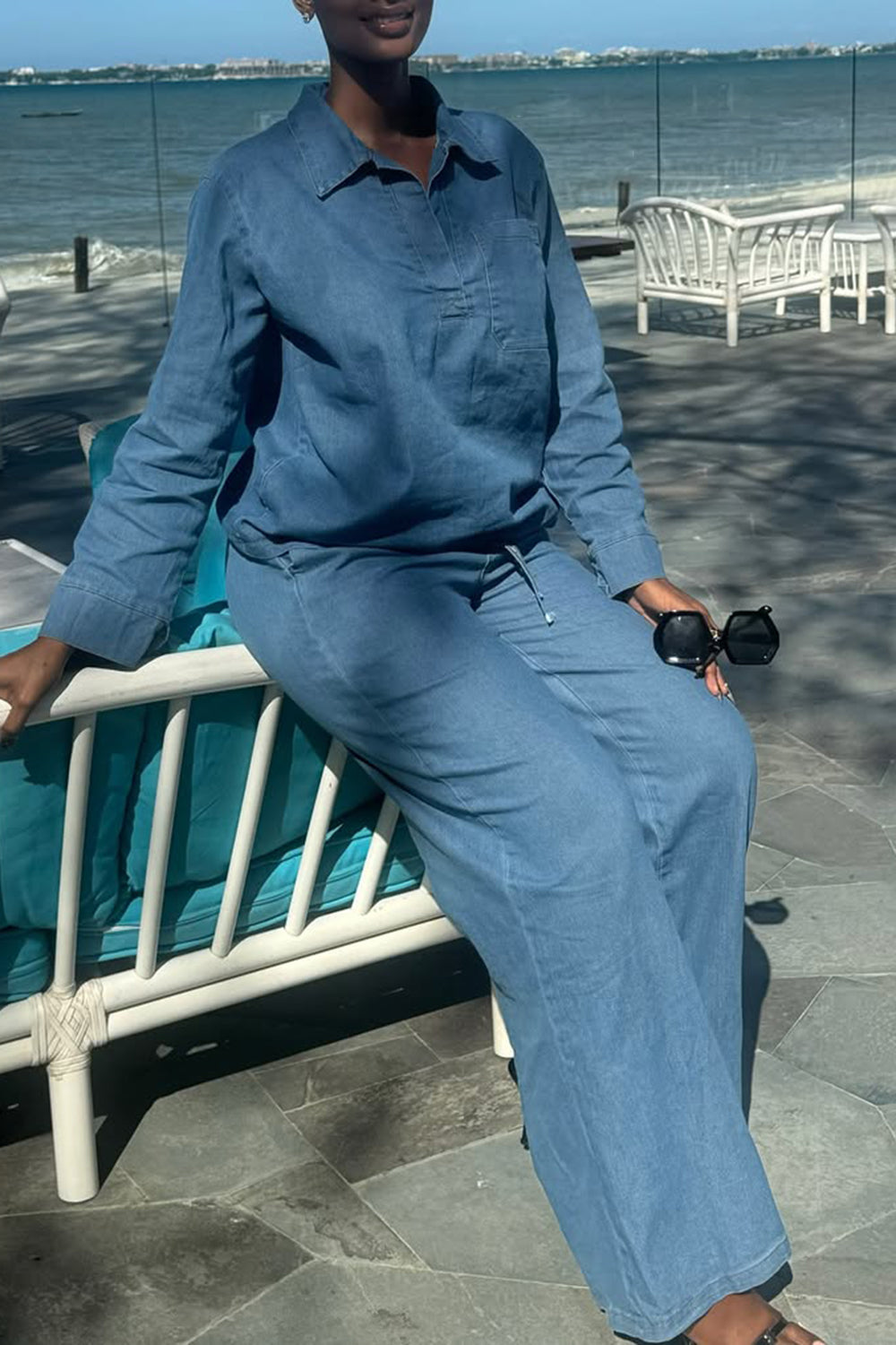 Ursiime Design Business Casual Blue Shirt Collar Long Sleeve Pocket Casual Tencel Denim Two Piece Pant Sets [Pre-Order]