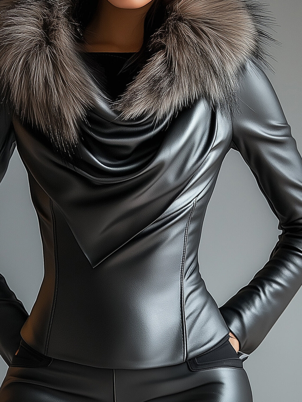 Ursiime Plush Trim Cowl Neck Long Sleeve PU Leather Blouse