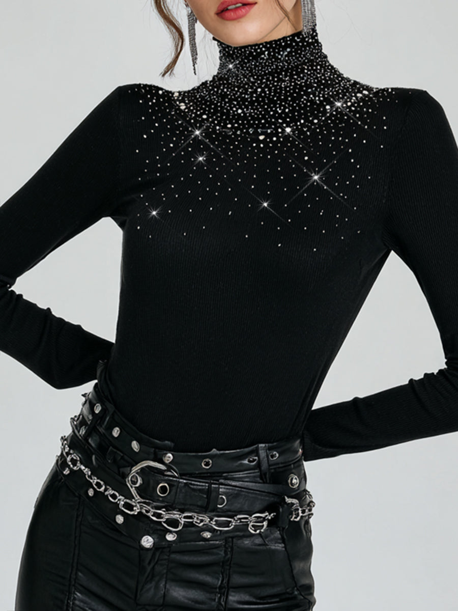 Ursiime Business Casual Black High Collar Long Sleeve Drilling Casual Sweaters