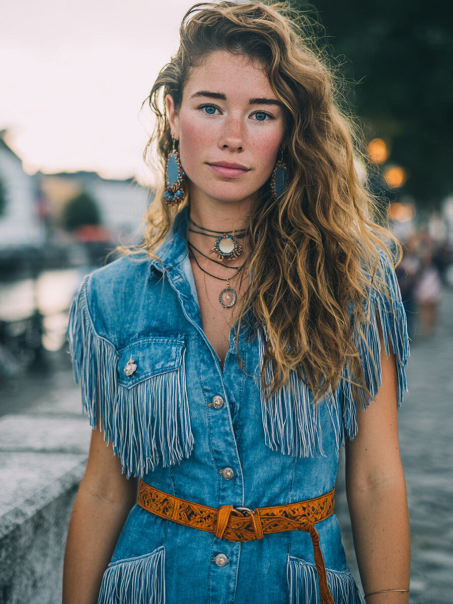 Ursiime Festival Blue Shirt Collar Strappy Western Button Denim Mini Dresses [Pre-Order]