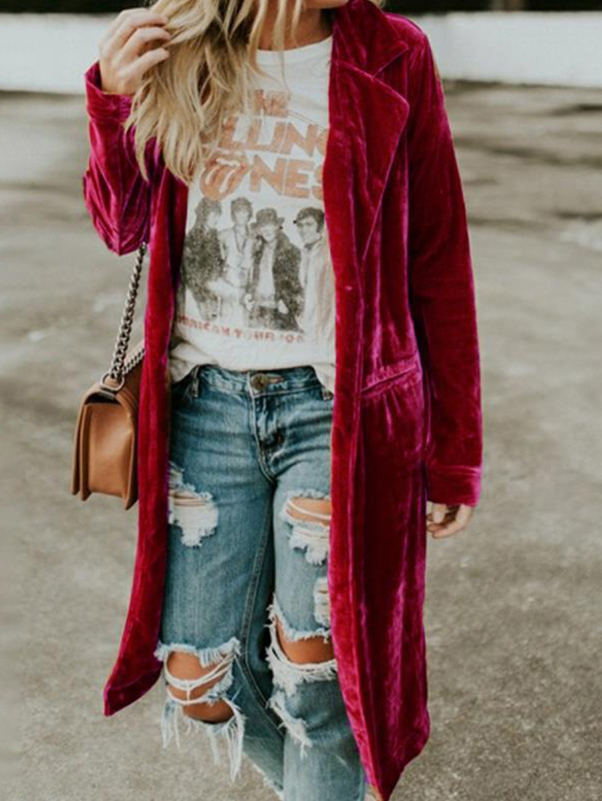 Fashion Notched Lapel Long Sleeve Velvet Trench Coat