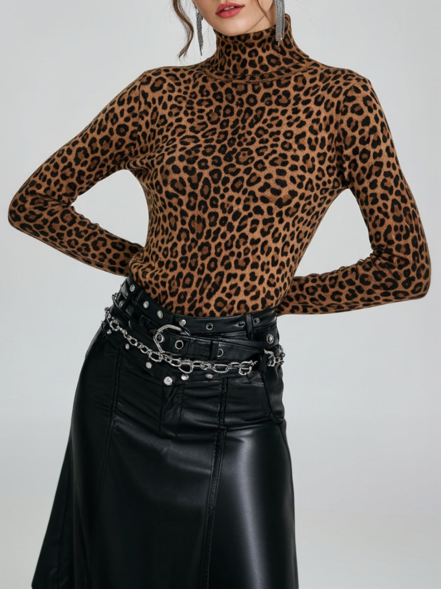 Ursiime Daily Brown Leopard High Collar Long Sleeve Casual Tops [Pre-Order]