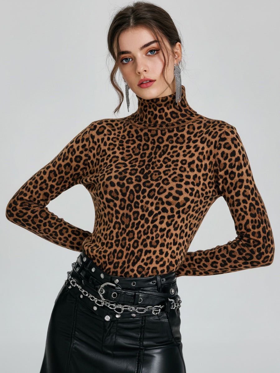 Ursiime Daily Brown Leopard High Collar Long Sleeve Casual Tops [Pre-Order]