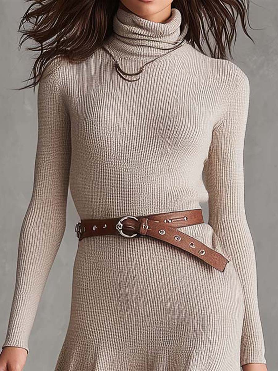 Casual Beige Turtleneck Long Sleeve Knit A-Line Midi Dress