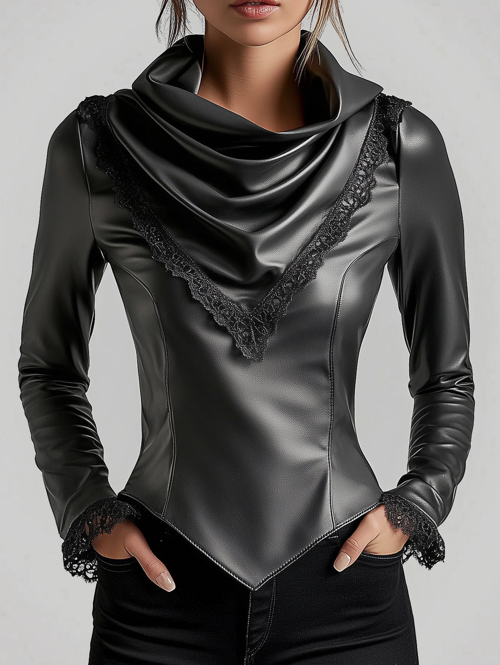 Ursiime Cowl Neck Lace Trim Long Sleeve PU Leather Blouse