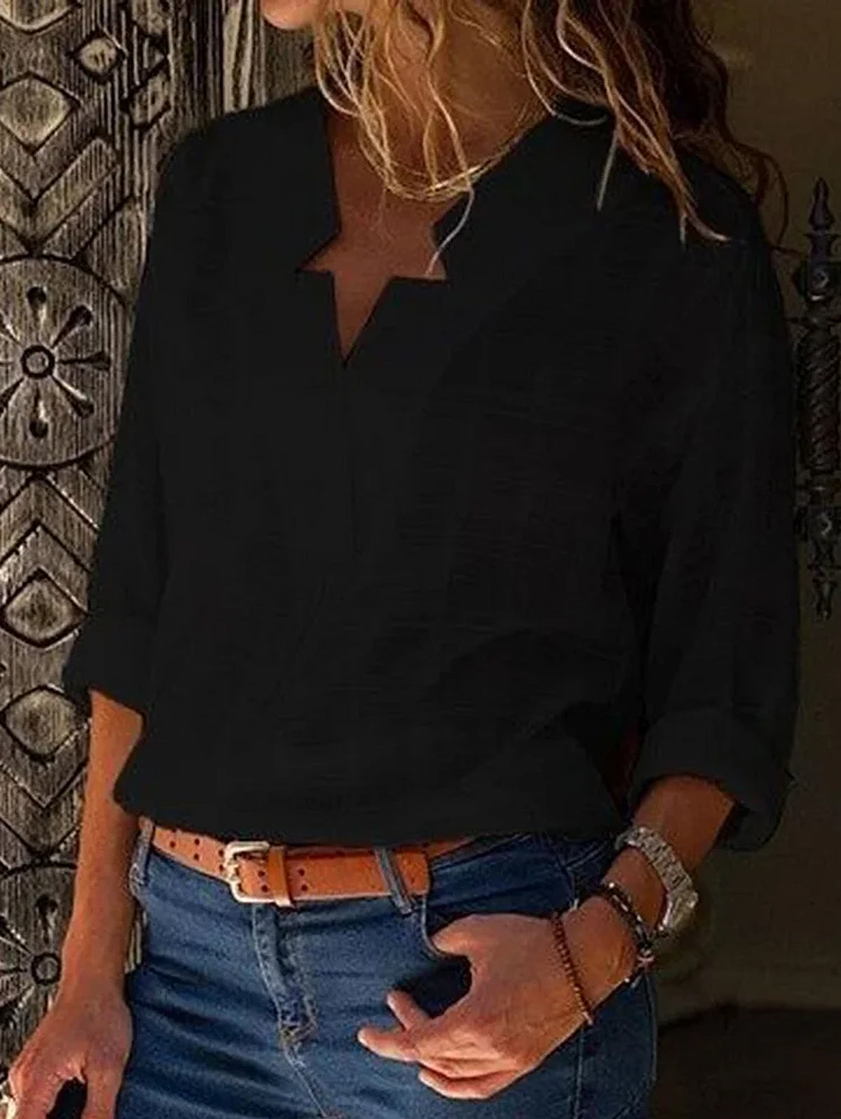 V Neck Long Sleeve Solid Color Shirts