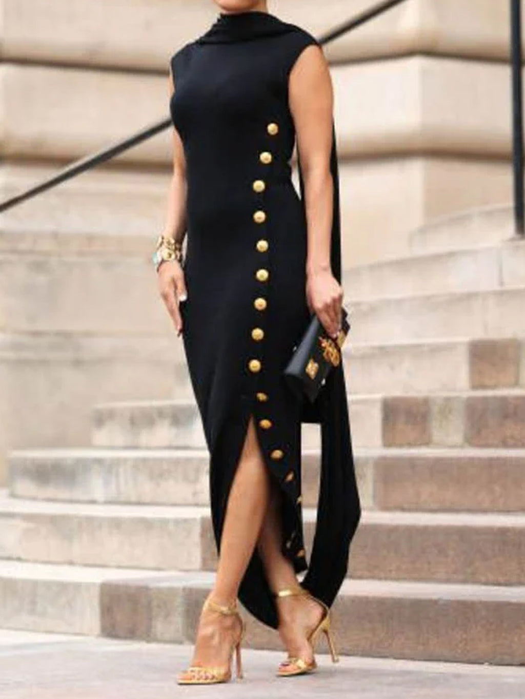 Formal Side Button Asymmetrical Hem Sleeveless Midi Dress