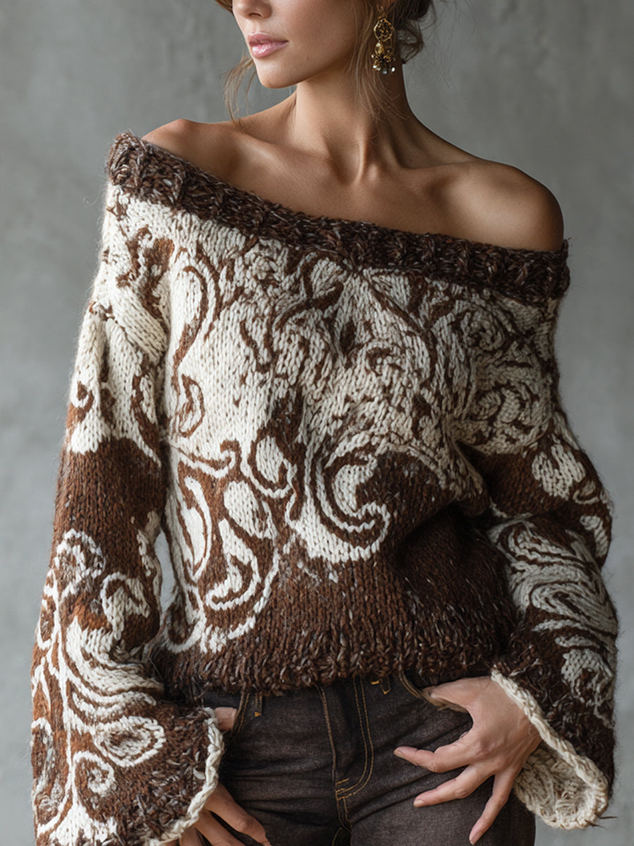 Ursiime Daily Brown Paisley Off The Shoulder Flare Long Sleeve Jacquard Casual Crochet Sweaters