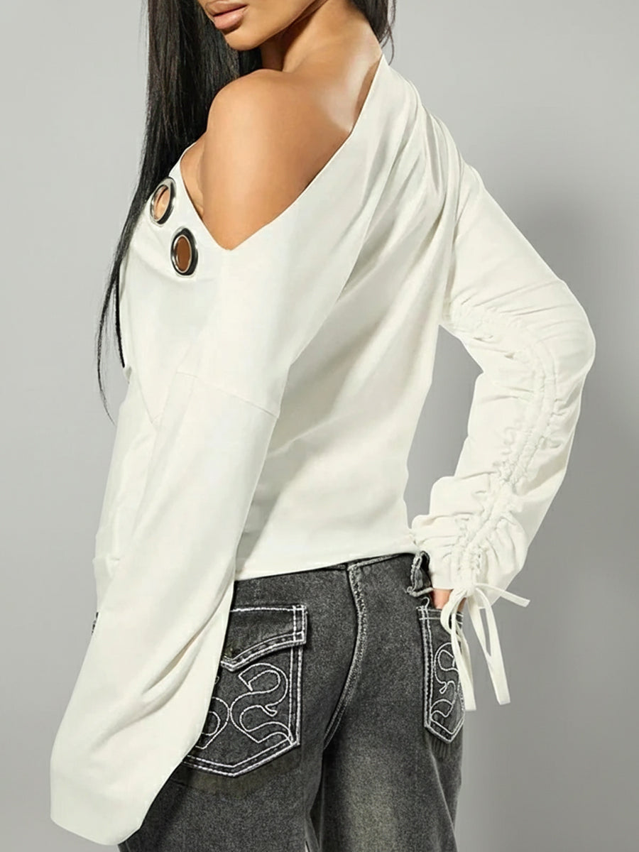 Ursiime Daily White Oblique Collar Long Sleeve Cut Out Casual Short Blouses