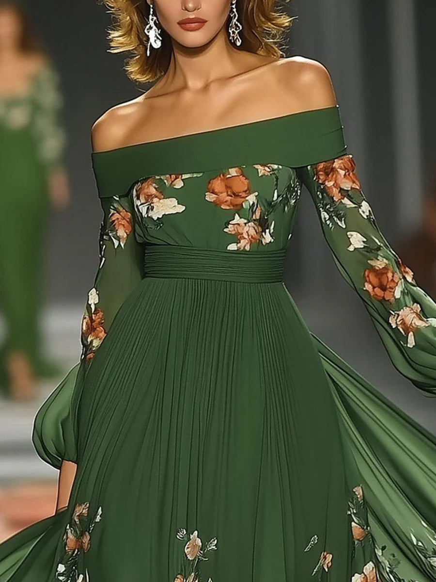 Elegant Dark Green Off Shoulder Lantern Sleeve Floral Print Maxi Dress