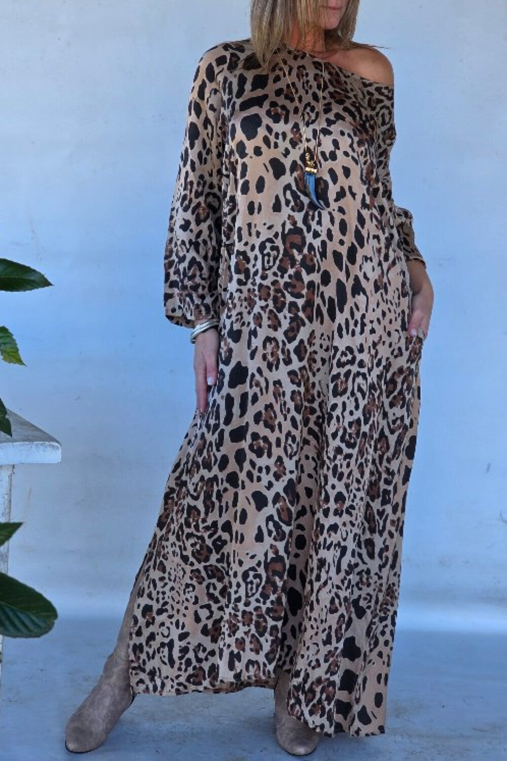 Ursiime Design Daily Brown Leopard Oblique Collar Long Sleeve Pocket Elegant Maxi Dresses [Pre-Order]