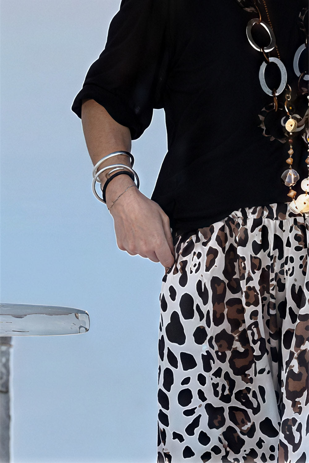 Ursiime Design Daily Black Leopard 3/4 Sleeve Pocket Elegant Two Piece Pant Sets [Pre-Order]