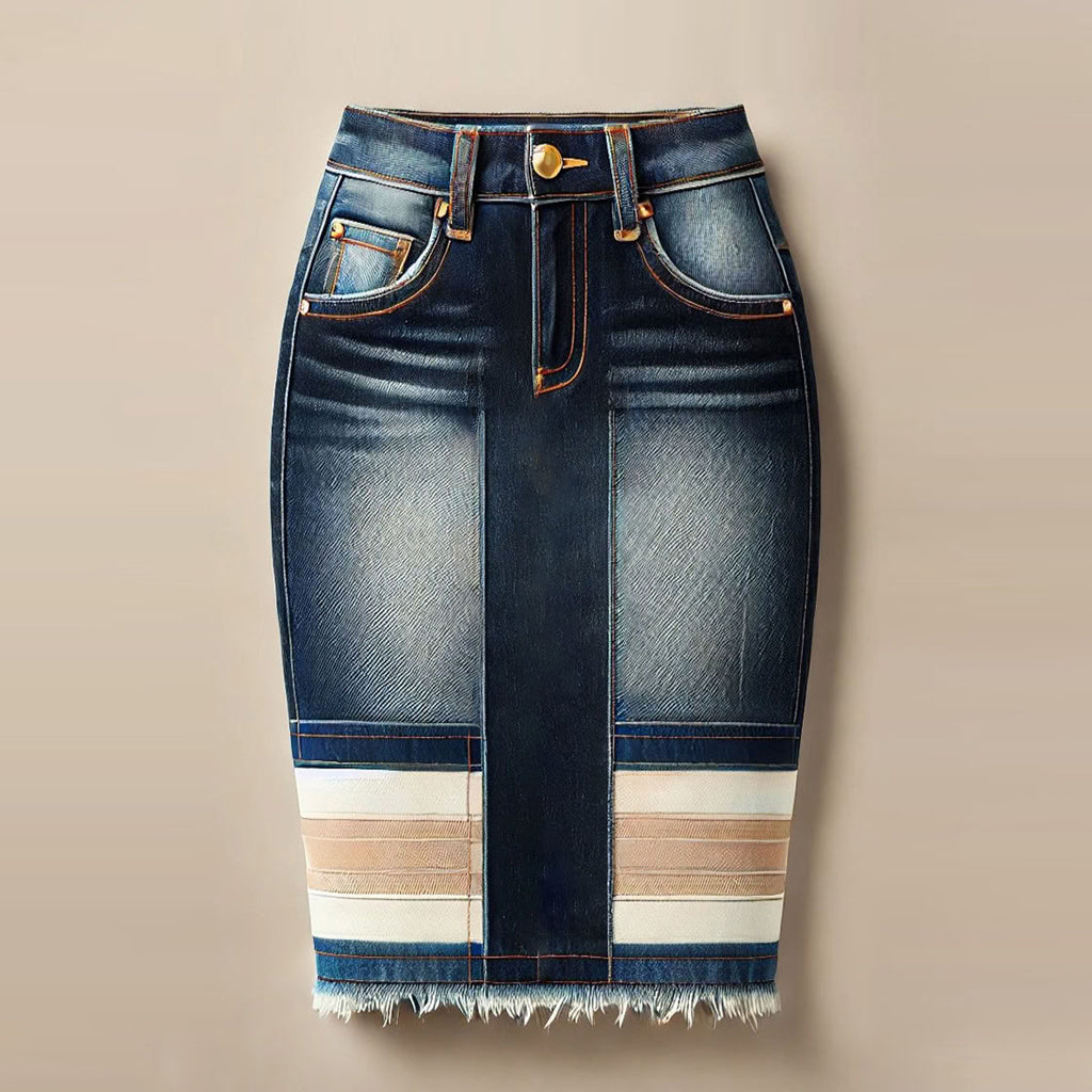Ursiime High Rise Contrast Striped Denim Raw Edge Midi Skirt